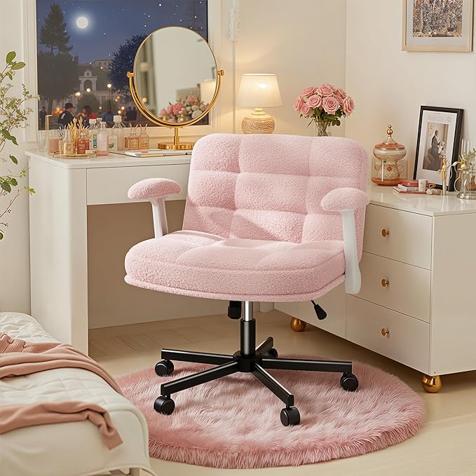 Criss Cross Chair with Wheels and Flip-up Arms, Adjustable Height, Teddy Plush Fabric,Pink, for Bedroom, Home Office, Apartment,Vanity