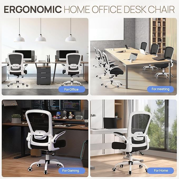 Mimoglad Ergonomic Office Chair - Desk Chair with Flip-up Armrests & 135° Recline, Adjustable Lumbar Support - Space-Saving Task Chair for Business/Team Office & Home (White Frame-Black, 350lbs)