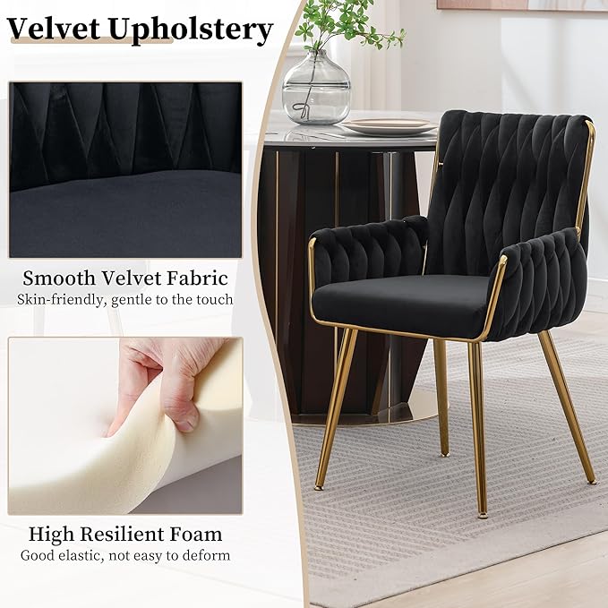 ABET Office Desk Chair No Wheels, Woven Velvet Vanity Chair with Back & Armrest, Comfy Upholstered Cute Gold Metal Legs Makeup Aesthetic Armchair for Girls & Women Bedroom, Nail Spa, Black