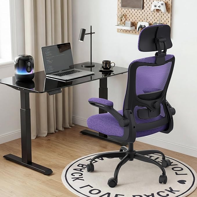 Ergonomic Office Chair, High Back Mesh Desk Chair with Adjustable Lumbar Support & Headrest, Flip-up Armrest, Computer Task Chairs for Home and Executive Office(B-Purple)