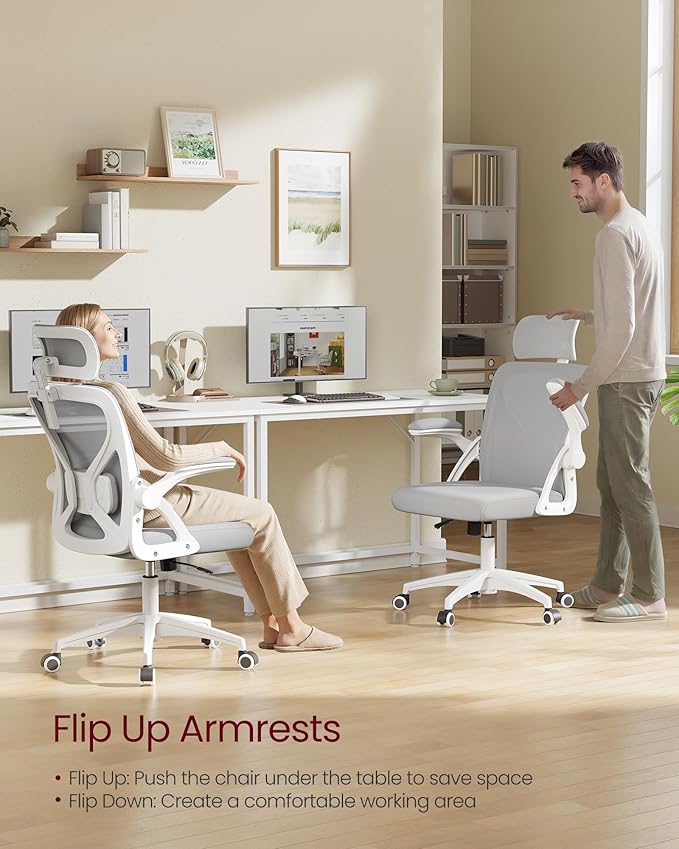 VASAGLE Ergonomic Mesh Office Chair with Adjustable Lumbar Support and Headrest, 90-105° Tilt Function, Wide Seat, Flip‑Up Armrests, Computer Desk Chair for Home Office, Dove Gray UOBN044GD01S