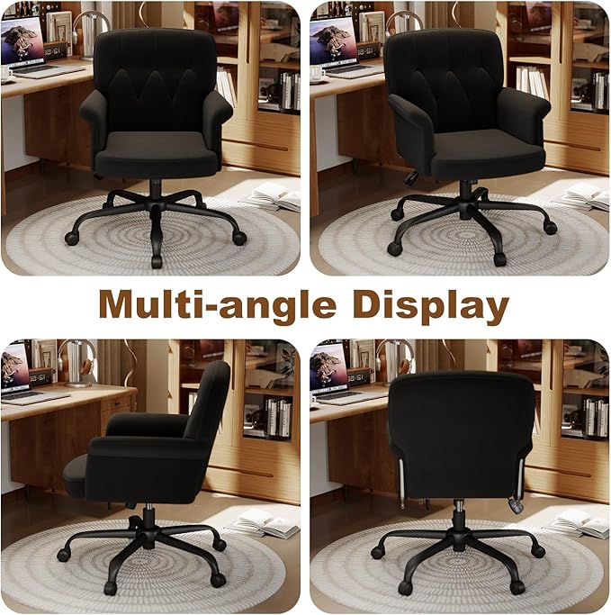 Comfy Home Office Desk Chair, Upholstered Fuzzy Vanity Chair with Wheels and Arms, Modern Adjustable Swivel Computer Seat for Living Room, Bedroom, Make Up, Home Office, Teddy Fleece, Black