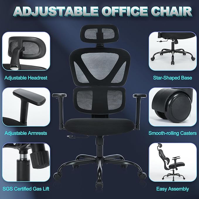 Ergonomic Office Chair with Adjustable Headrest & 3D Armrests, High Back Mesh Desk Chair with Lumbar Support, Reclining Lock 97°-125°, Swivel Computer Task Chair for Home Office, 300 LBS