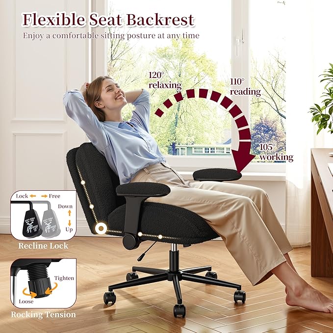 Desk Chair with Arms, Wide Ergonomic Office Chair with Thickened Seat Cushion, Cross Legged Office Chair for Home Office, Bedroom, Study Room, Plush Fabric, Black