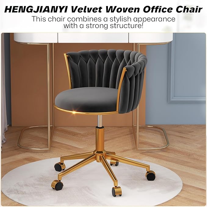 Velvet Woven Home Office Chair, Modern Swivel Desk Chair with Wheels, Height Adjustable Vanity Chair with Gold Metal Base and Hand Weaving Back for Bedroom Study Small Space, Black