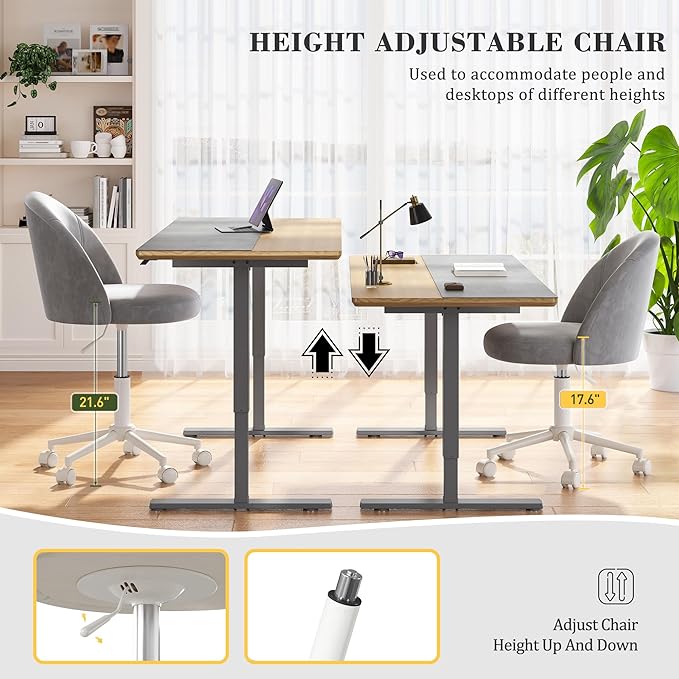 EnHomee Vanity Chair with Wheels, Cute Desk Chair Comfy with Back,Small Office Chair with Adjustable Rolling Swivel for Makeup Room Bedroom, Home Office, Armless,Muted Grey