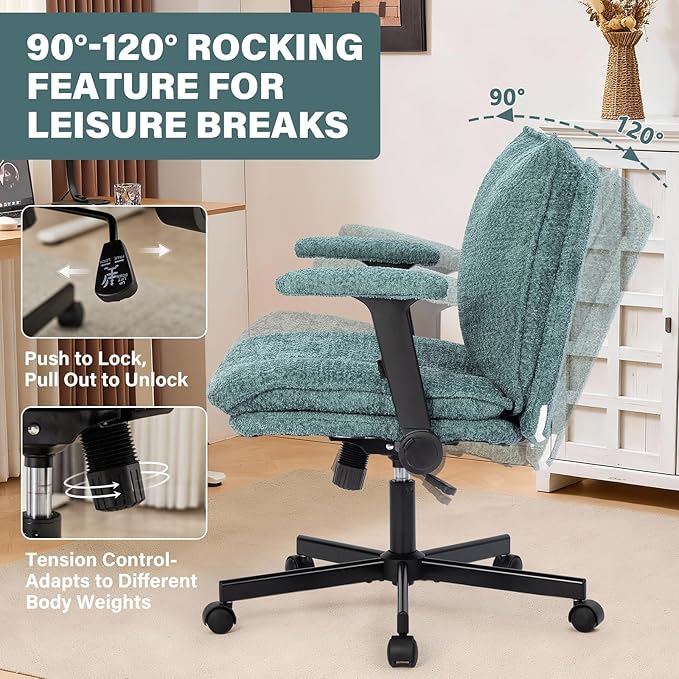 Criss Cross Legged Office Chair with Wheels and Flip-Up Arms, Upholstered Criss Cross Desk Chair, Wide Seat Chairs for Home Office, Vanity, Apartment, Green