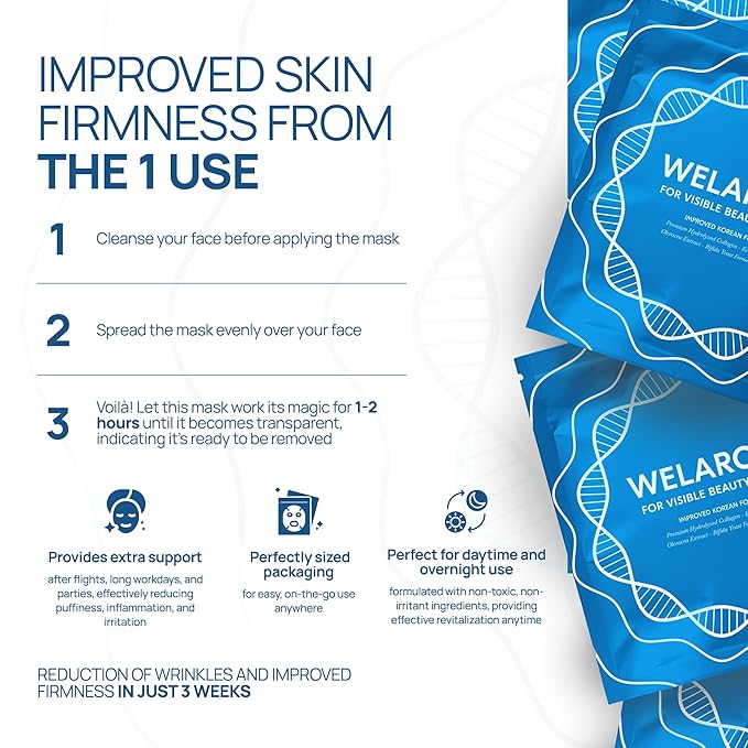 Welaroise Bio Protein Collagen Hydrogel Deep Face Mask +35% More Collagen, Intense Hydration & Moisturization, Firming, Anti-Aging, Skin Renewal, Korean Skincare (Pack of 5)