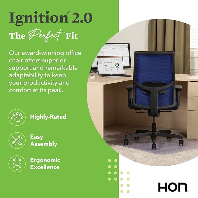 HON Ignition 2.0 Mid Back Task Chair, Spectrum Mesh, Standard Synchro-Tilt Control, Office Chair with Lumbar Support, Height and Width Adjustable Arms, Black Frame, Cobalt