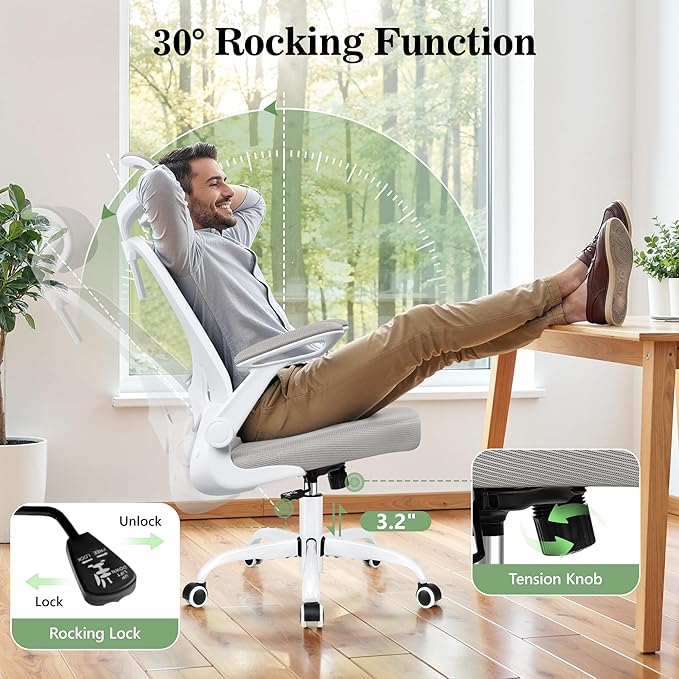 Office Chair Ergonomic Desk Chair, Breathable Mesh Office Chairs with Adjustable Lumbar Support, Flip-Up Arms, Computer Desk Chair Comfy for Home Office, Light Gray