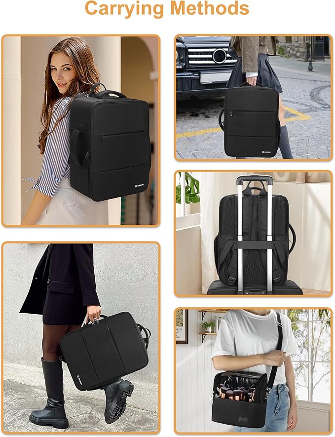 Relavel Makeup Backpack with Makeup Brush Case, Extra Large Travel Train Case Professional Artist Kit Set Bag with 4 Clear Bags, Brush Storage Organizer Box for Cosmetic Hair Tools, Black