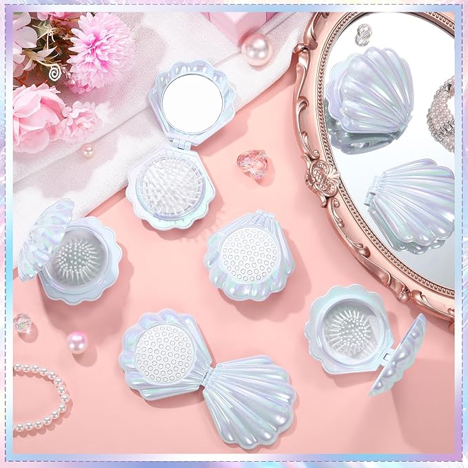 Meanplan 12 Pcs Mermaid Party Favors Shell Hair Brush with Mirror Foldable Mini Travel Pocket Hair Brush Compact Makeup Comb for Women Girls Valentines Day Birthday Gifts(White)