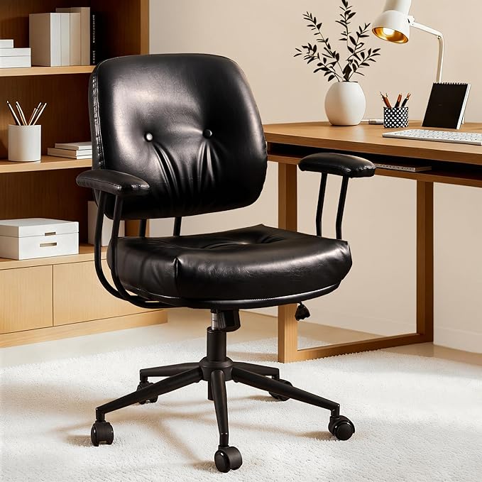 ovios Ergonomic Office Chair, Mid Back Faux Leather Executive Chairs with Thick Cushion, Comfy Mid-Century Modern Swivel Rolling Computer Armchair (Black, PU Leather)