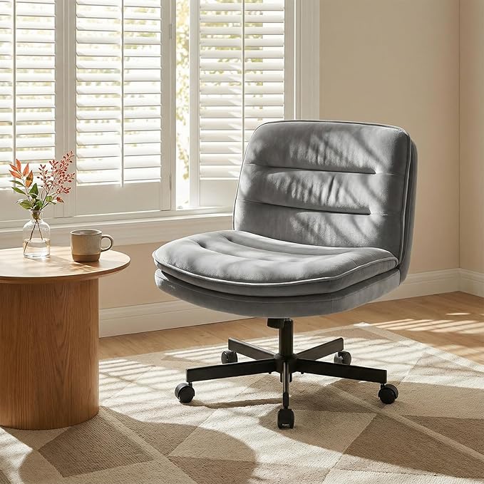 GTPLAYER Cross Legged Office Chair, Armless Desk Chair Cute Vanity Chair with Wheels Computer Chair Comfy Wide Office Chair Adjustable Swivel for Home Computer Task,Soft Velvet, Grey