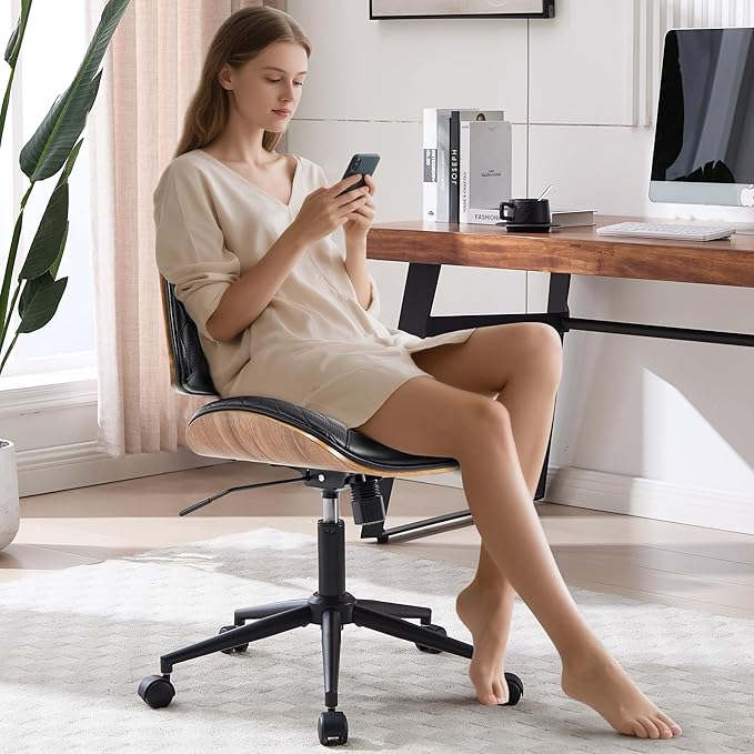 Walnut Bentwood Mid Back Armless Office Chair 1 Pack, Adjustable Height PU Leather Swivel Desk Chair with Wheels, Rolling Computer Task Chair for Home Office, Study, Meeting Room