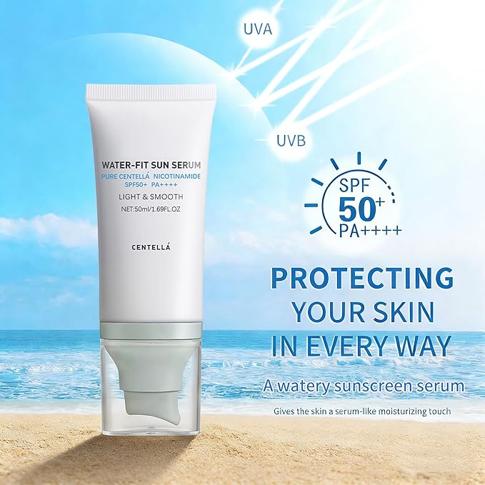 Centella Sunscreen SPF50+ PA++++, Long-Lasting Protection&Water-Fit Sun Serum,Madagascar Centella Sunscreen for All Skin Types and UV Defense, Nourishing Skin, Lightweight, Non-Greasy, No White Cast