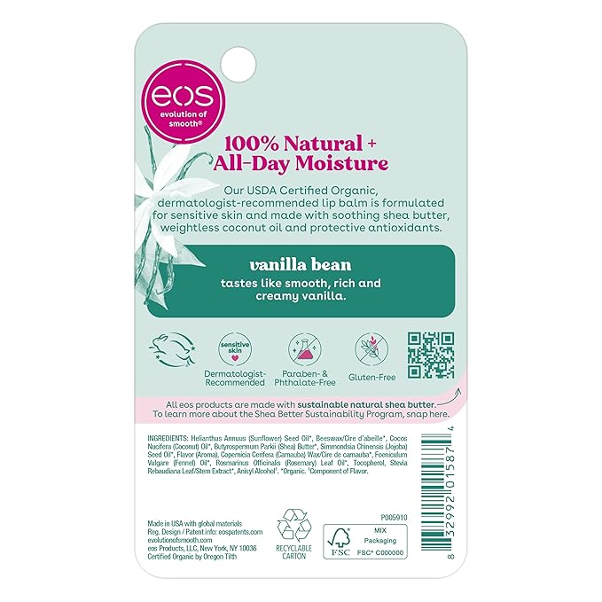 eos 100% Natural & Organic Lip Balm Stick- Vanilla Bean, Dermatologist Recommended for Sensitive Skin | All-Day Moisture Lip Care Products | 0.14 oz (Pack of 2)