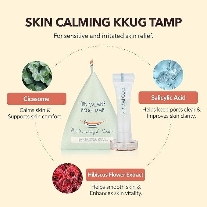 My Dermatologist's Vacation, SKIN CALMING KKUG TAMP – Double-Acting Beauty Device with Micropoint ESSENCE STICK & AMPOULE, Korean Skincare Facial Serum Kit, 8 Single-Use Sets (2 Pieces Per Use)