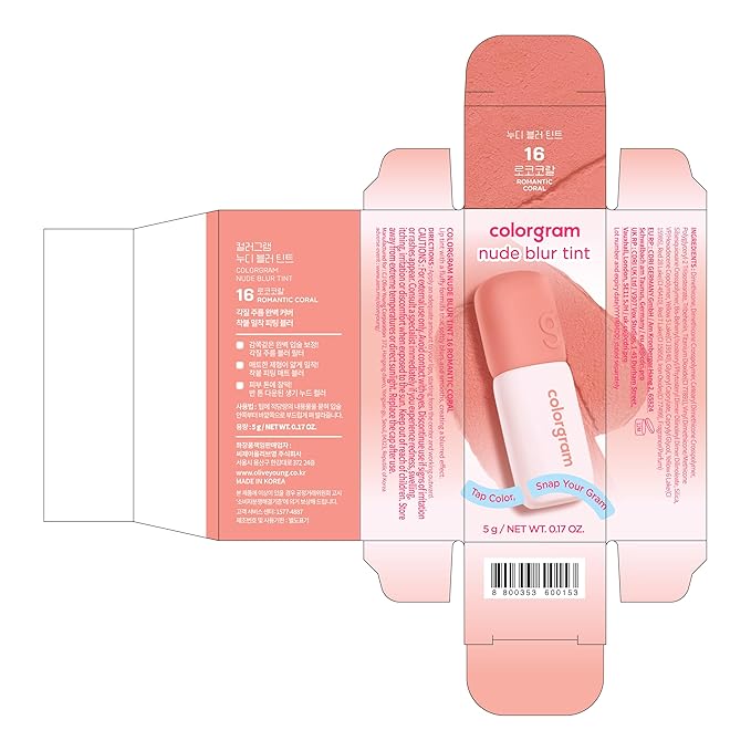 COLORGRAM NUDE BLUR TINT 16 ROMANTIC CORAL | K-Beauty Makeup, Soft-Focus Matte Lip Stain, 2-in-1 Lip & Cheek