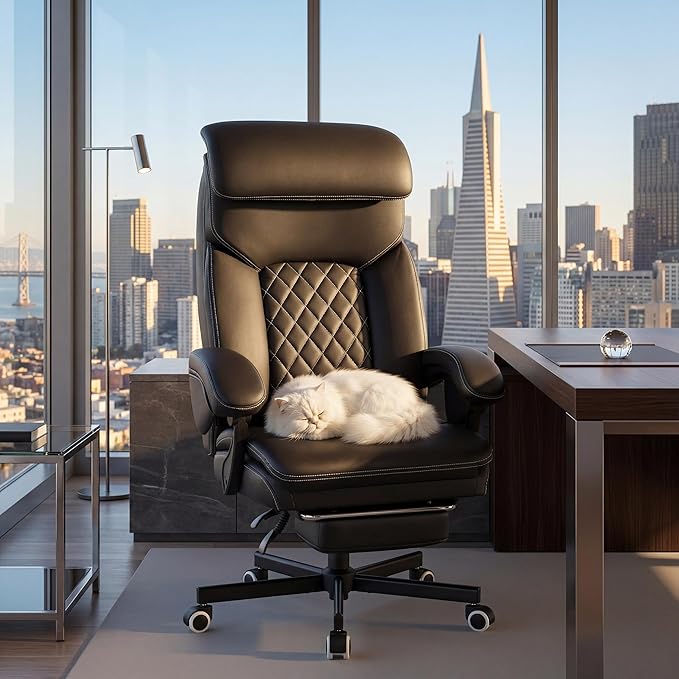 Ergonomic Executive Office Chair - Big and Tall Home Comfy Desk Gaming Chair for Adults, Heavy Duty Leather Reclining Wide Computer Chair with Foot Rest and Back Support (Black)
