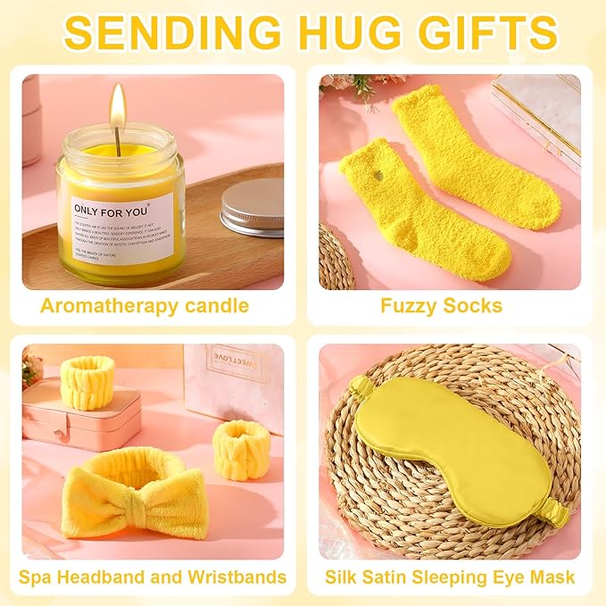 15 Pcs Birthday Gifts for Women Robe Sets for Women Spa Basket Set Graduation Gifts Bath Robe Make up Brushes Scented Candle Fluffy Socks Coffee Cup for Mom Nurse Girlfriend Wife(Yellow)