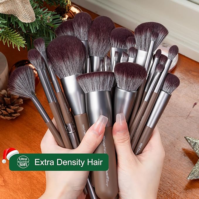 Bueart Design 26 Pcs Chocolate-colored Gift Makeup Brushes Set with Extra Large Holder,Elegant Make up Brushes for Foundation,Face Blending Powder, Contour, Highlight, Concealer, Eyeshadow