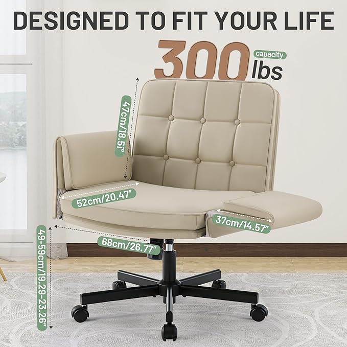 Criss Cross Chair with Wheels - PU Leather Comfy Wide Seat Criss Cross Desk Office Chair with Armrests - Comfortable Swivel Rolling Tilting Vanity Chair with Back for Home Office Makeup Bedroom