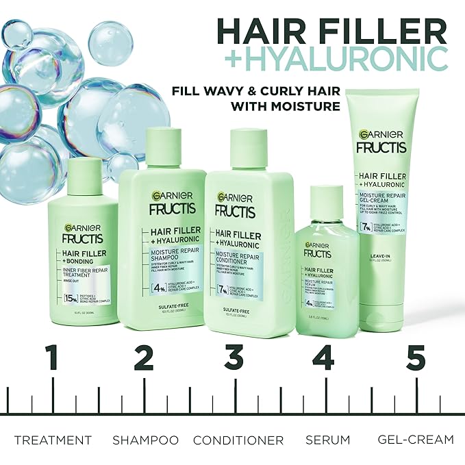 Garnier Fructis Hair Filler Moisture Repair Serum Treatment, Moisturizing Hair Serum for Curls and Waves with Hyaluronic Acid, 3.75 Fl Oz, 1 Count