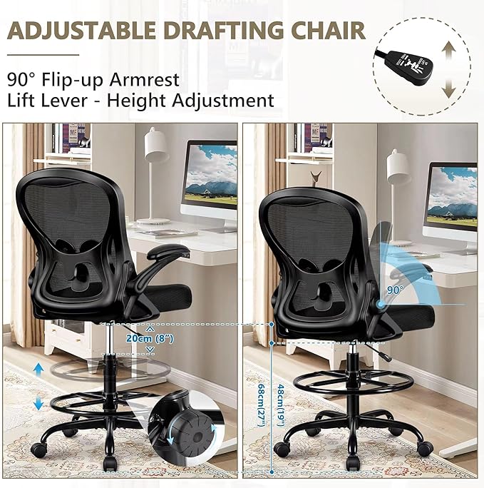 Winrise Drafting Chair, Tall Office Chair Ergonomic Standing Desk Chair, Lumbar Support Computer Chair Swivel Task Rolling Chair with Adjustable Flip-up Armrests & Foot Ring (Black)