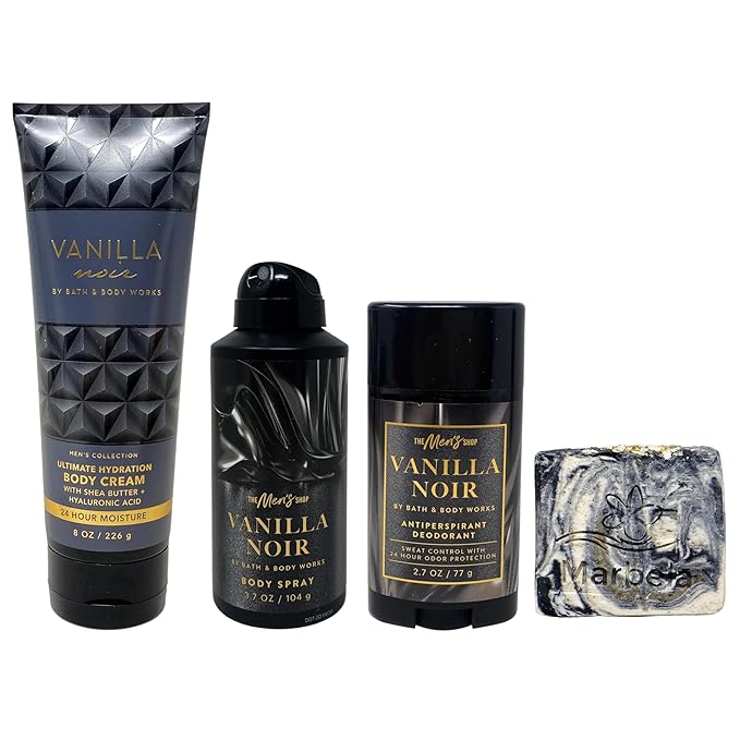 Bath & Body Works Vanilla Noir - Body Cream, Body Spray and Antiperspirant Deodorant - with a Charcoal Scrub Bar Soap
