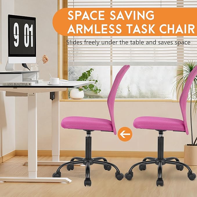 FDW Home Office Chair Mid Back Mesh Desk Chair Armless Computer Ergonomic Task Rolling Swivel Chair Back Support Adjustable Modern with Lumbar Support (Pack of 3, Pink)