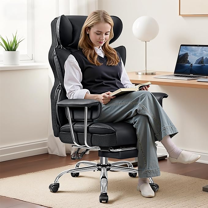 Big and Tall Ergonomic Office Chair with Footrest, High Back Executive Leather Office Chair, Reclining Computer Desk Chair, Comfy Heavy Duty Home Gaming Chair with Padded Arm, Black-2 Pack