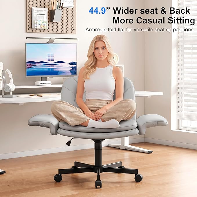 Misolant Criss Cross Chair with Armrests & Wheels for Cross-Legged Sitting, Comfortable PU Leather Vanity Chair, Office Desk Chairs with Adjustable Rocking Function, for Home, Bedroom Gray