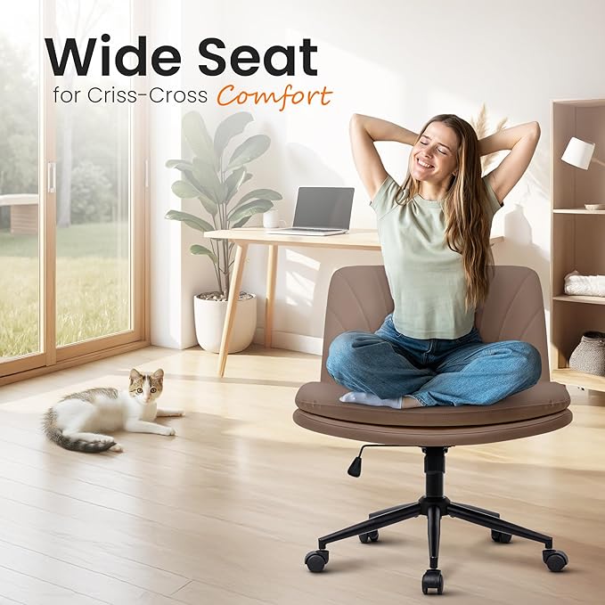 NEO Chair Criss Cross Chair with Wheels Armless Cross Legged Office Desk Wide Comfy Vanity Makeup Chair Adjustable Swivel Rolling Computer for Home Office PU Leather (Brown)