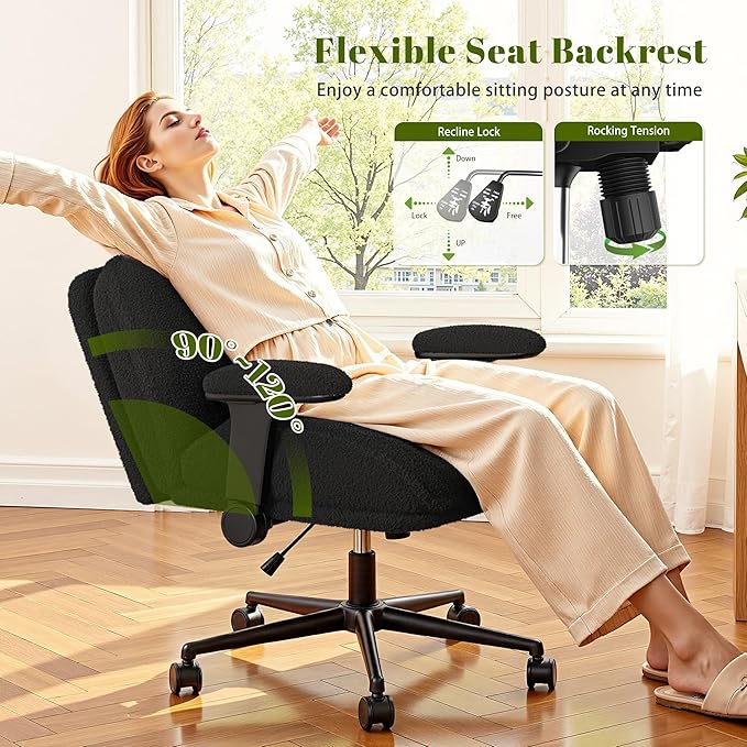 Cross Legged Office Chair with Flip-Up Arms,Oversized Criss Cross Chair with Wheels,Wide & Extra-Deep Seat Thickened for Home Office,Vanity, Bedroom,Apartment Dorms,Vanity Chair,Comfy,Black