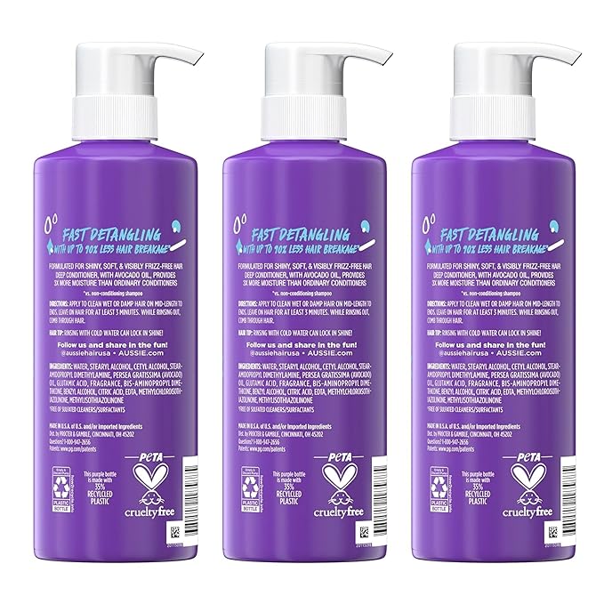 Aussie 3 Minute Miracle Moist Deep Conditioner for Dry Hair, Avocado & Jojoba Oil, Safe for Color Treated Hair, Nourishing Hydration, Silky Shine, Paraben-Free, 16 Fl Oz Each (Pack of 6)