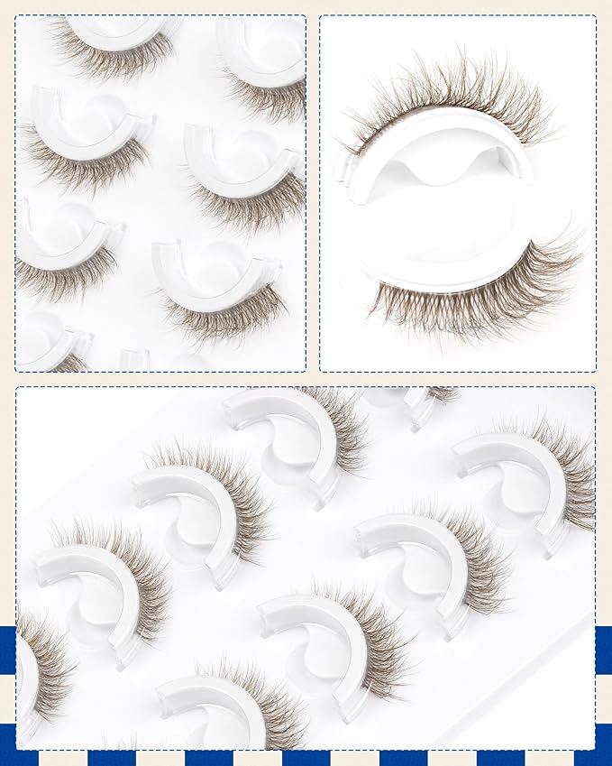 Obeyalash Waterproof Brown Self Adhesive Eyelashes,Cateye 12mm,5 Pairs Stick on False Eyelashes,Pre Glued Lashes, No Glue Needed,Wispy Glueless Lashes Reusable Self Adhesive False Eyelashes(Brown 871)