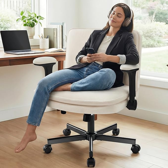 Criss Cross Office Chair with Wheels - Wide Seat Criss Cross Desk Chair with Flip-up Arms and Thick Cushion - Comfy Tilting Swivel Rolling Vanity Chair for Home Office Bedroom Apartment