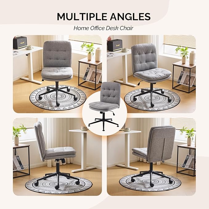 VINGLI Mid Back Armless Office Desk Chair with Wheels/no Wheels,360°Rocking Swivel Vanity Chair with Thickened Cushion,Adjustable Height Rolling for Reading Room, Make up, Linen Dark Grey