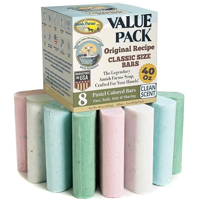 Amish Farms Soap Value Pack– 8 Easy-to-Grip Hydrating Bars (5 oz Each, 2.5 lb) | Cold-Process, USA Made for Sensitive Skin, Face, Hair & Body | Gentle Clean Scent Original Recipe – Tin Tub Collection