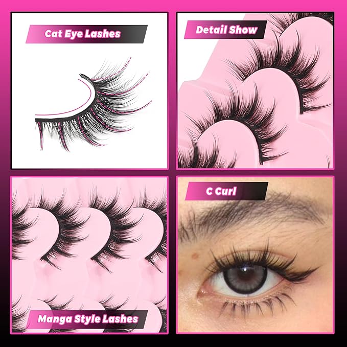 Veleasha Lashes Kit Manga Eyelashes Cat Eye Lashes Spiky Eyelash C Curl with Lash Glue & Tweezers Lash Wispy Natural Look False Eyelashes with Soft Cotton Band 7 Pairs Pack (Sunny Kit)
