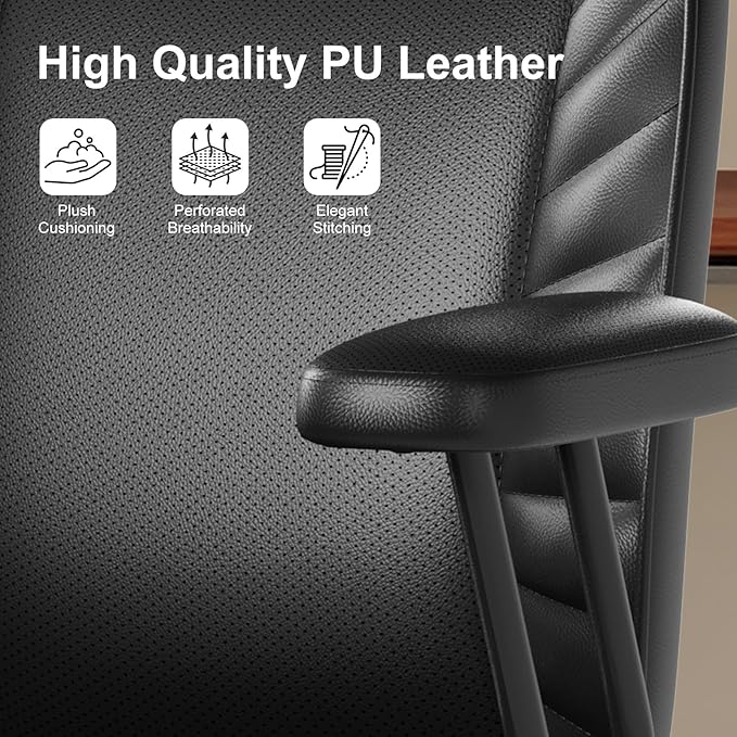BFZ Home Office Desk Chair, Adjustable Comfy Desk Chair with Wheels, Comfortable Ergonomic Office Chair, Criss Cross Office Desk Chair with Back for Vanity,Home Office or Workspace, Black Leather