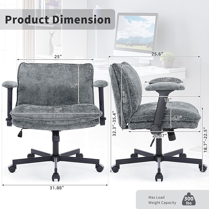 Cross Legged Office Chair, Height Adjustable Swivel Desk Chair with Flip-Up Arms, Padded Criss Cross Chair for Home Office & Bedroom