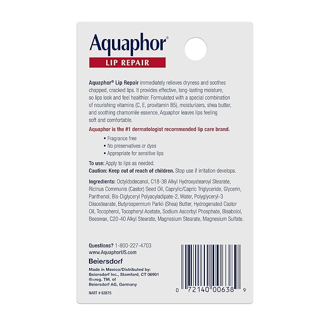 Aquaphor Lip Repair Ointment - Long-lasting Moisture to Soothe Dry Chapped Lips - .35 fl. oz. Tube,(Pack of 2)