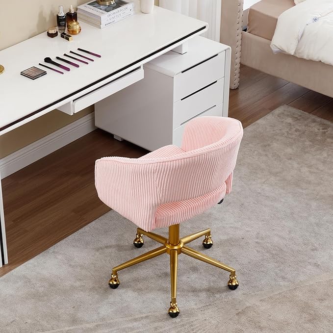 Westice Home Office Desk Chairs, Modern Corduroy Rolling Chair, Height Adjustable Swivel Vanity Chair with Golden Base, Ergonomic Chair for Vanity Study, Living Room Computer Room, Pink