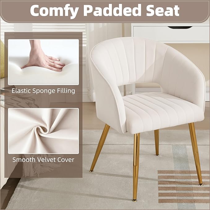 ABET Desk Chair with No Wheels, Velvet Home Office Armchair Gold Legs, Upholstered Modern Accent Chairs, Side Chair for Living Room Bedroom Vanity, Off-White Cream