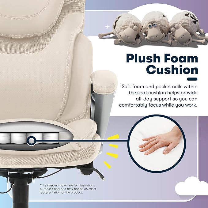 Serta Bryce Executive Office Chair - Ergonomic Computer DeskChair with Lumbar Technology - Adjustable Height - Memory Foam Body Pillows - 360° Swivel Rolling Base - Bonded Leather - Cream