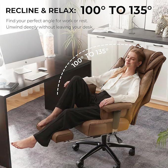 Dowinx Big and Tall Office Chair with Massage Lumbar Support,Executive Office Chair with Wide Thick Seat Cushion and Adjustable Armrest,Computer Gaming Chairs with Footrest (Brown,PU Leather)