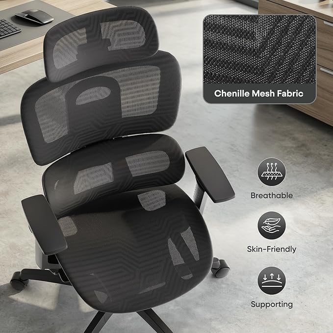 Ergonomic Office Chair, Adjustable High Back Home Desk Chair & Adjustable Seat, 3D Armrest, 145° Reclining Tilt Lock, Chenille Mesh Office Chairs for Man Woman 1Pack