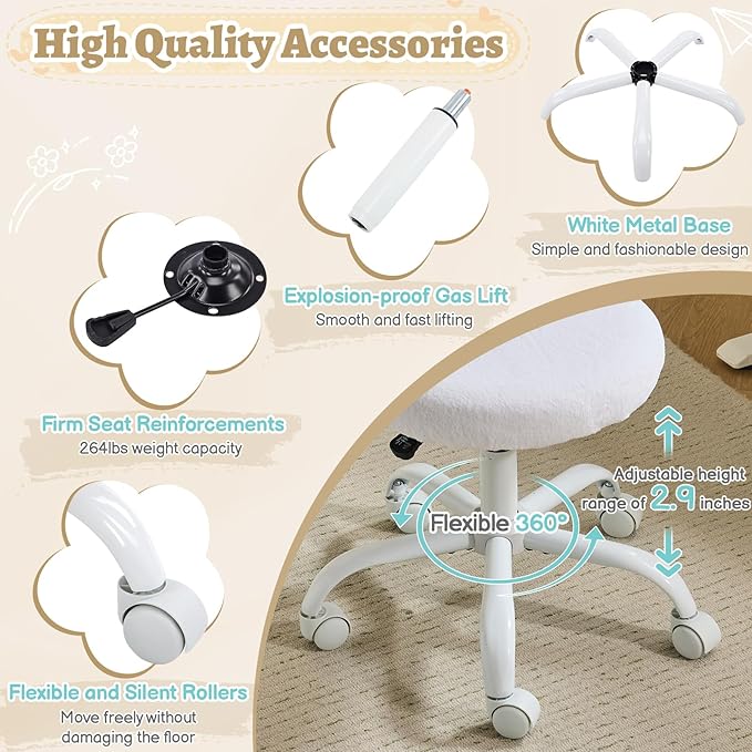 VINGLI Small Vanity Chair with Faux Fur Wheels for Girls,Cute Adjustable Height Armless Office Desk Chair,360°Swivel Comfy Rolling for Study,Make up Room,Small Space,White